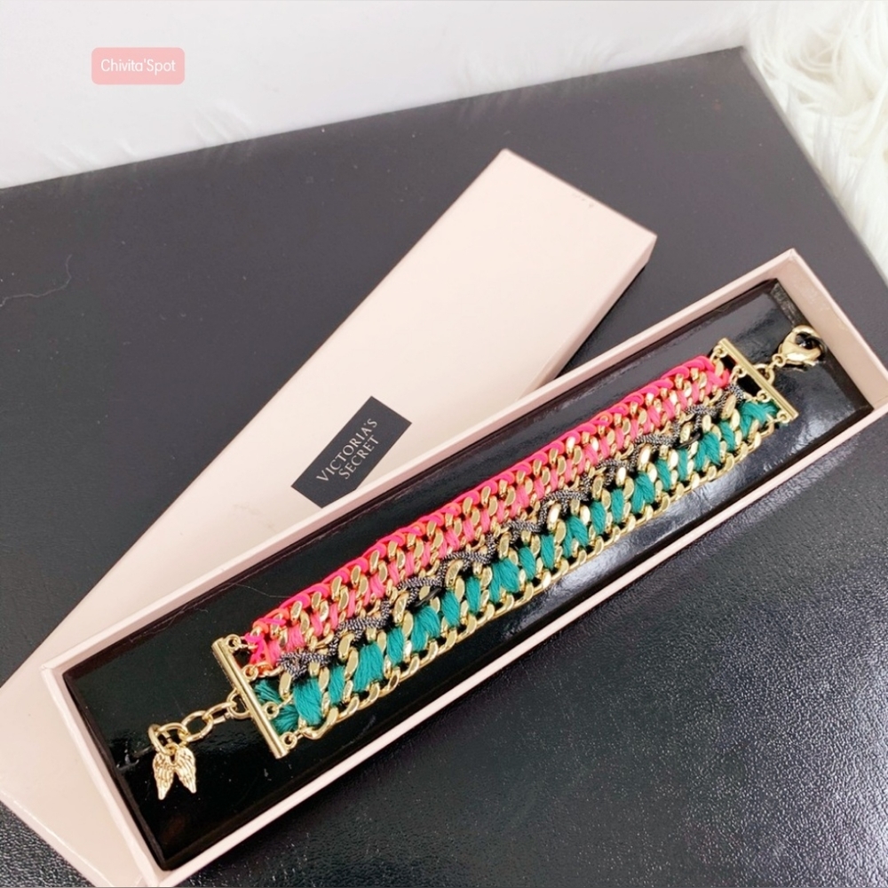 🏷🆕️VICTORIA'S SECRET pink/teal ribbon Woven goldchain bracelet limited edition